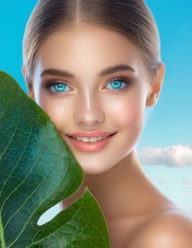 Portrait of young beautiful woman with healthy glow perfect smooth skin holds green tropical leaf. Model with natural nude make up. Gray background.