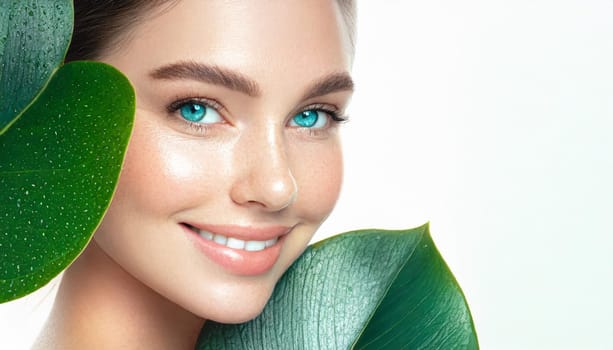 Portrait of young beautiful woman with healthy glow perfect smooth skin holds green tropical leaf. Model with natural nude make up. Gray background.