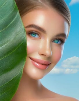 Portrait of young beautiful woman with healthy glow perfect smooth skin holds green tropical leaf. Model with natural nude make up. Gray background.