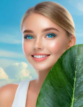 Portrait of young beautiful woman with healthy glow perfect smooth skin holds green tropical leaf. Model with natural nude make up. Gray background.