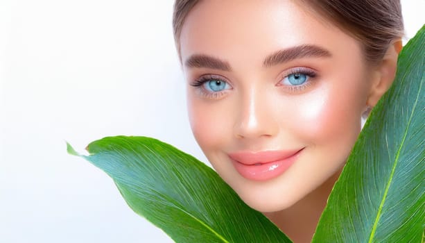 Portrait of young beautiful woman with healthy glow perfect smooth skin holds green tropical leaf. Model with natural nude make up. Gray background.