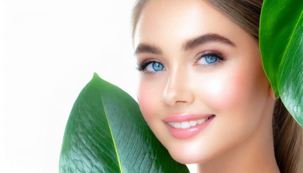 Portrait of young beautiful woman with healthy glow perfect smooth skin holds green tropical leaf. Model with natural nude make up. Gray background.