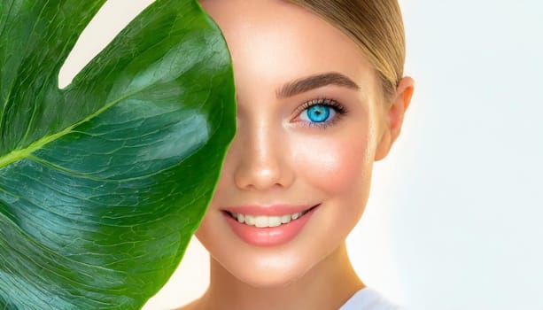 Portrait of young beautiful woman with healthy glow perfect smooth skin holds green tropical leaf. Model with natural nude make up. Gray background.