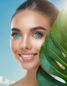 Portrait of young beautiful woman with healthy glow perfect smooth skin holds green tropical leaf. Model with natural nude make up. Gray background.