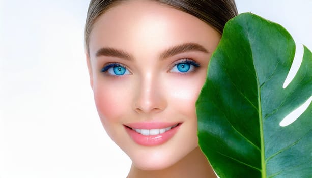 Portrait of young beautiful woman with healthy glow perfect smooth skin holds green tropical leaf. Model with natural nude make up. Gray background.