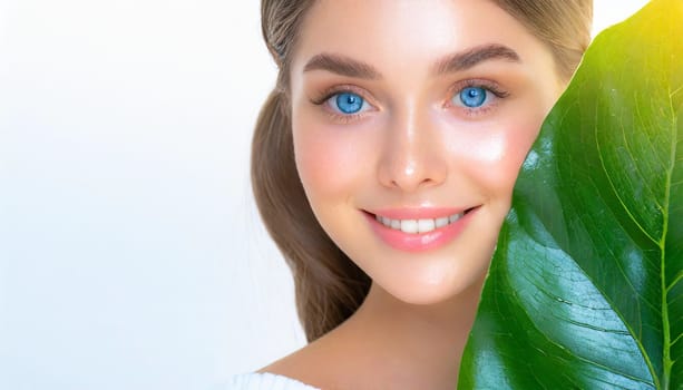 Portrait of young beautiful woman with healthy glow perfect smooth skin holds green tropical leaf. Model with natural nude make up. Gray background.