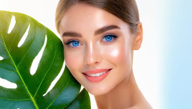 Portrait of young beautiful woman with healthy glow perfect smooth skin holds green tropical leaf. Model with natural nude make up. Gray background.