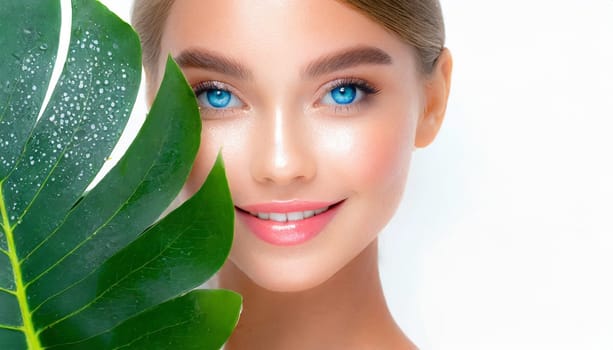Portrait of young beautiful woman with healthy glow perfect smooth skin holds green tropical leaf. Model with natural nude make up. Gray background.