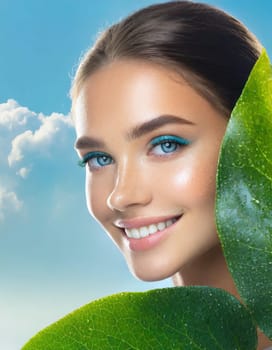 Portrait of young beautiful woman with healthy glow perfect smooth skin holds green tropical leaf. Model with natural nude make up. Gray background.