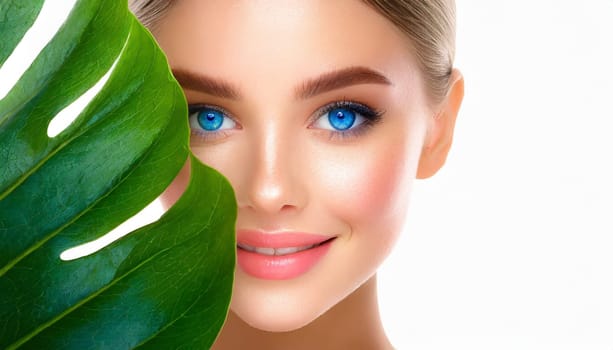 Portrait of young beautiful woman with healthy glow perfect smooth skin holds green tropical leaf. Model with natural nude make up. Gray background.