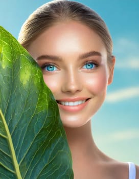Portrait of young beautiful woman with healthy glow perfect smooth skin holds green tropical leaf. Model with natural nude make up. Gray background.