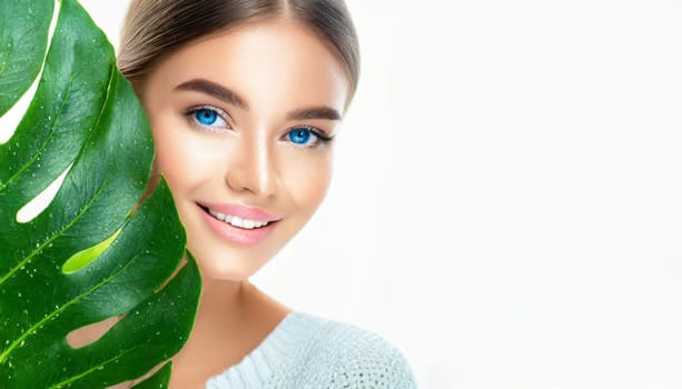 Portrait of young beautiful woman with healthy glow perfect smooth skin holds green tropical leaf. Model with natural nude make up. Gray background.