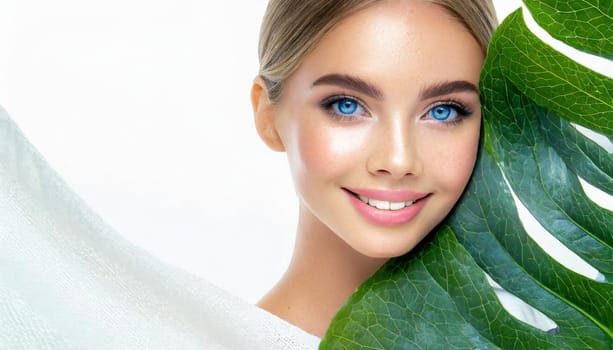 Portrait of young beautiful woman with healthy glow perfect smooth skin holds green tropical leaf. Model with natural nude make up. Gray background.
