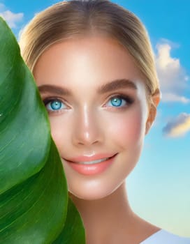 Portrait of young beautiful woman with healthy glow perfect smooth skin holds green tropical leaf. Model with natural nude make up. Gray background.
