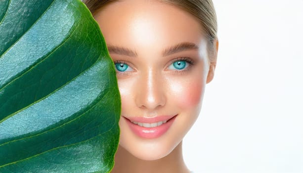 Portrait of young beautiful woman with healthy glow perfect smooth skin holds green tropical leaf. Model with natural nude make up. Gray background.