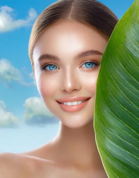 Portrait of young beautiful woman with healthy glow perfect smooth skin holds green tropical leaf. Model with natural nude make up. Gray background.