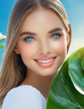 Portrait of young beautiful woman with healthy glow perfect smooth skin holds green tropical leaf. Model with natural nude make up. Gray background.