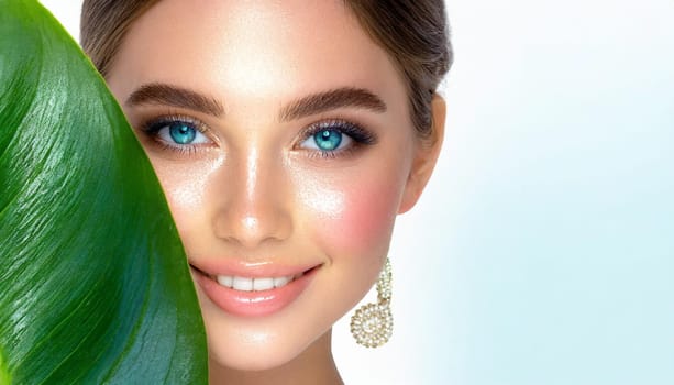 Portrait of young beautiful woman with healthy glow perfect smooth skin holds green tropical leaf. Model with natural nude make up. Gray background.