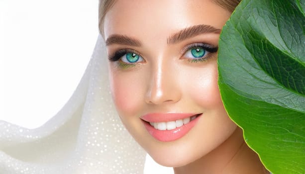 Portrait of young beautiful woman with healthy glow perfect smooth skin holds green tropical leaf. Model with natural nude make up. Gray background.