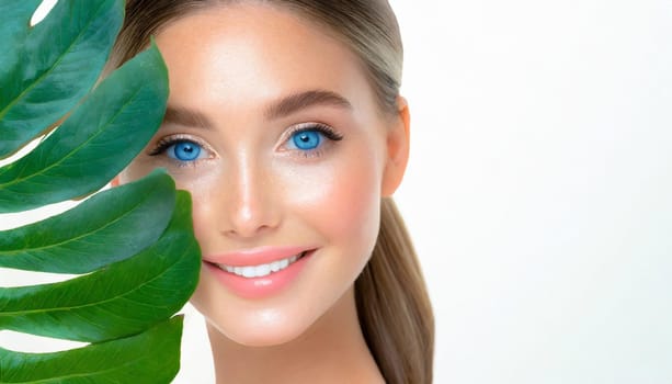 Portrait of young beautiful woman with healthy glow perfect smooth skin holds green tropical leaf. Model with natural nude make up. Gray background.