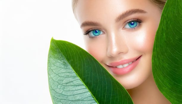 Portrait of young beautiful woman with healthy glow perfect smooth skin holds green tropical leaf. Model with natural nude make up. Gray background.