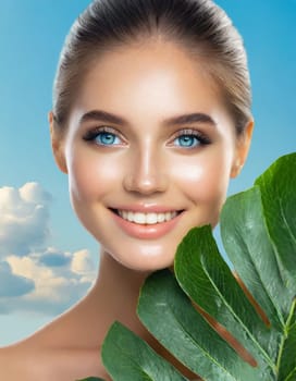 Portrait of young beautiful woman with healthy glow perfect smooth skin holds green tropical leaf. Model with natural nude make up. Gray background.