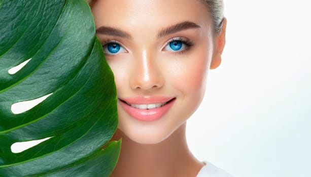 Portrait of young beautiful woman with healthy glow perfect smooth skin holds green tropical leaf. Model with natural nude make up. Gray background.