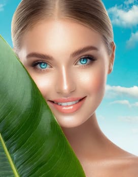 Portrait of young beautiful woman with healthy glow perfect smooth skin holds green tropical leaf. Model with natural nude make up. Gray background.