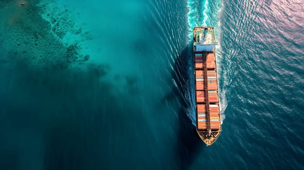 Cargo ship full of standard shipping containers at the sea during shipping at day time. Neural network generated image. Not based on any actual scene or pattern.