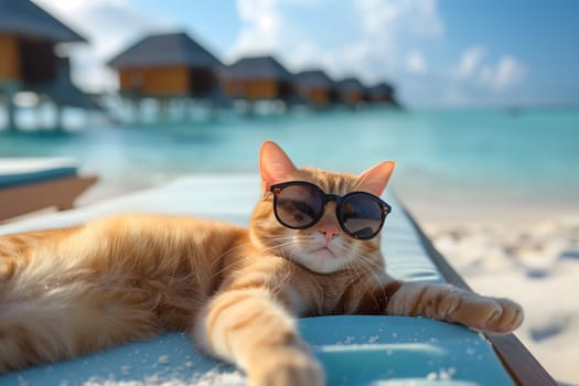 tabby cat with sunglasses laid on tropical beach, vacation theme. Neural network generated image. Not based on any actual person or scene.
