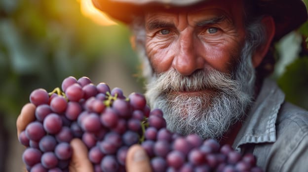 Close-up shot of weathered farmer hands gently harvesting ripe grapes in a sunlit vineyard. Neural network generated image. Not based on any actual scene or pattern.