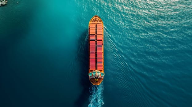 Cargo ship full of standard shipping containers at the sea during shipping at day time. Neural network generated image. Not based on any actual scene or pattern.