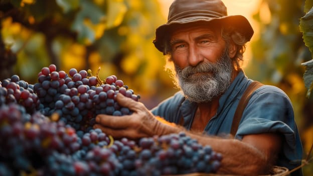 Close-up shot of weathered farmer hands gently harvesting ripe grapes in a sunlit vineyard. Neural network generated image. Not based on any actual scene or pattern.