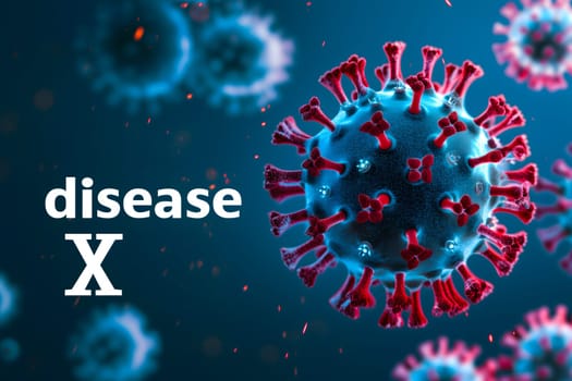 Disease X conceptual composition with coronaviruses for new pandemic topic. Neural network generated image. Not based on any actual scene or pattern.