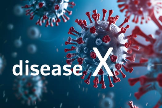 Disease X conceptual composition with coronaviruses for new pandemic topic. Neural network generated image. Not based on any actual scene or pattern.