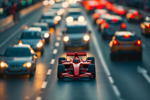 Formula 1 car stuck in traffic at the rush hour on the road of a capital city. Neural network generated image. Not based on any actual scene or pattern.
