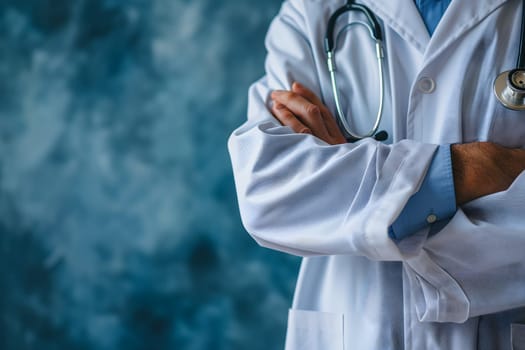 Abstract Medical Doctor, Symbolizing Compassion and Expertise asymmetrical composition with copy space. Neural network generated image. Not based on any actual scene or pattern.