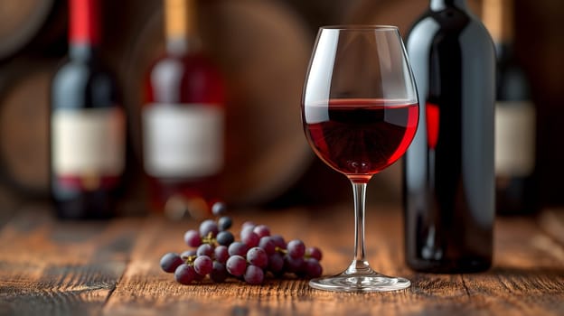 Glass with red wine and wine bottle on the right over a wooden table in the pub background with copy space. Neural network generated image. Not based on any actual scene or pattern.