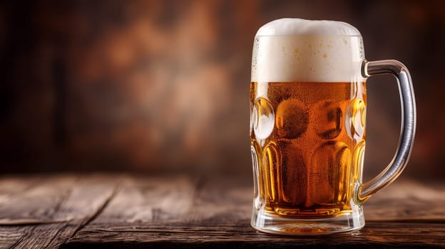 Cold mug with beer, with overflowing froth, on wooden table and dark background with copy space. Neural network generated image. Not based on any actual scene or pattern.
