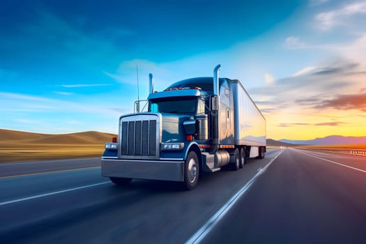 American long-nose semitruck on a highway. Neural network generated image. Not based on any actual scene or pattern.