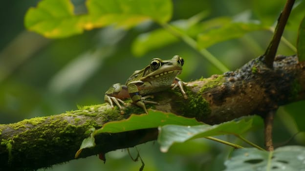 A frog resting on a tree branch in dense jungles. Neural network generated image. Not based on any actual scene or pattern.