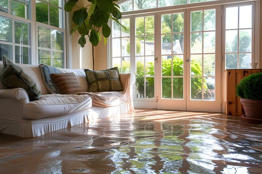 Home Floor Flooded, Showcasing Water Damage And Potential Issues. Neural network generated image. Not based on any actual scene or pattern.