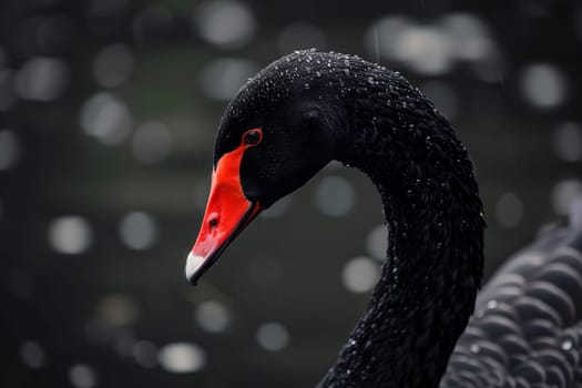 Black swan on water surface, close up. Neural network generated image. Not based on any actual scene or pattern.