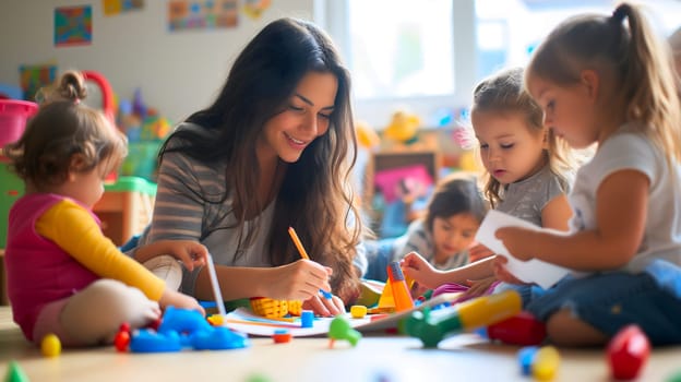 Beautiful teacher and group of toddlers sitting on the floor drawing using paper and pencil around lots of toys at kindergarten. Neural network generated image. Not based on any actual scene or pattern.