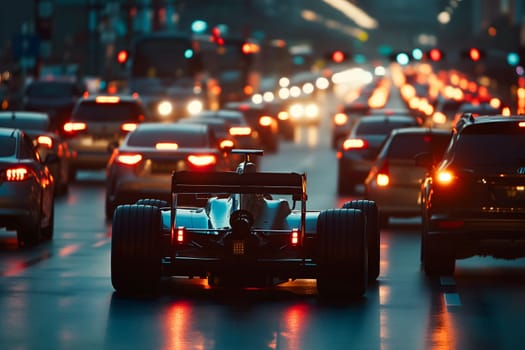 Formula 1 car stuck in traffic at the rush hour on the road of a capital city. Neural network generated image. Not based on any actual scene or pattern.