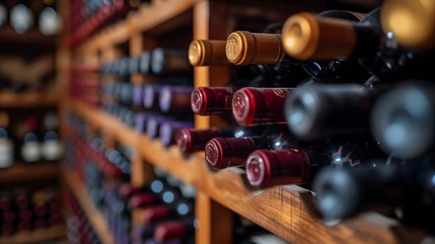 Wooden wine racks in a luxury cellar, closeup with selective focus. Neural network generated image. Not based on any actual scene or pattern.