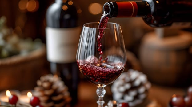 A wine bottle, with its elegant shape and deep red liquid inside, is being poured into a crystal glass, ready to be enjoyed during a romantic dinner. Neural network generated image. Not based on any actual scene or pattern.