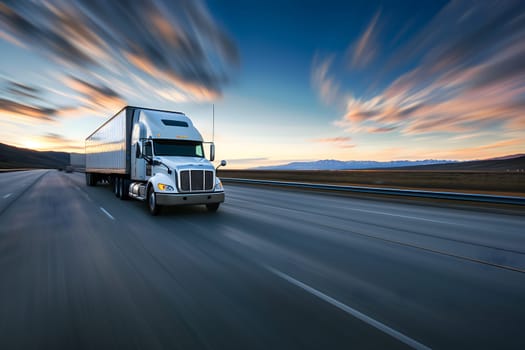 American long-nose semitruck on a highway. Neural network generated image. Not based on any actual scene or pattern.