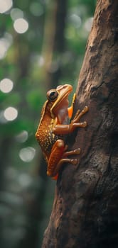 A frog resting on a tree branch in dense jungles. Neural network generated image. Not based on any actual scene or pattern.