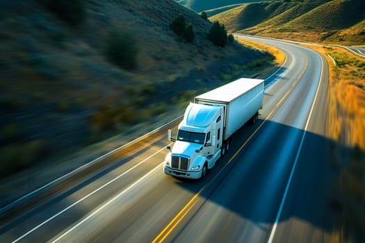 American long-nose semitruck on a highway. Neural network generated image. Not based on any actual scene or pattern.